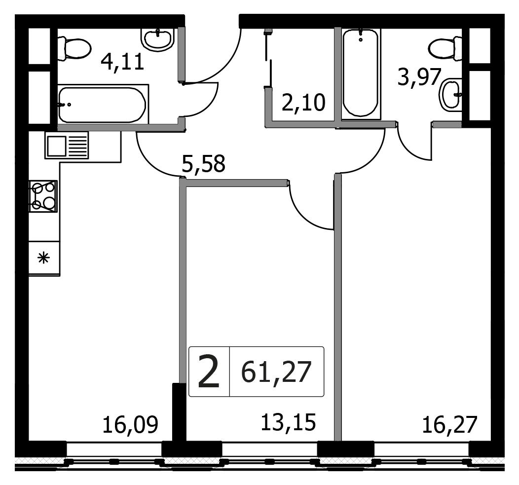 2-комнатная 61 м2 в ЖК Городские Истории корпус null этаж 9