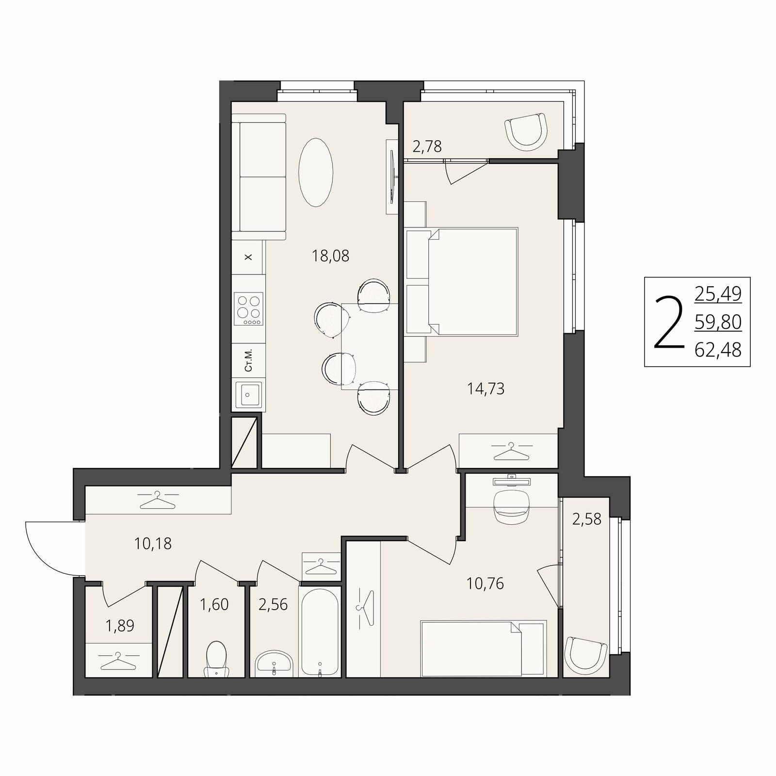 2-комнатная 62 м2 в ЖК Берег Волги корпус null этаж 15
