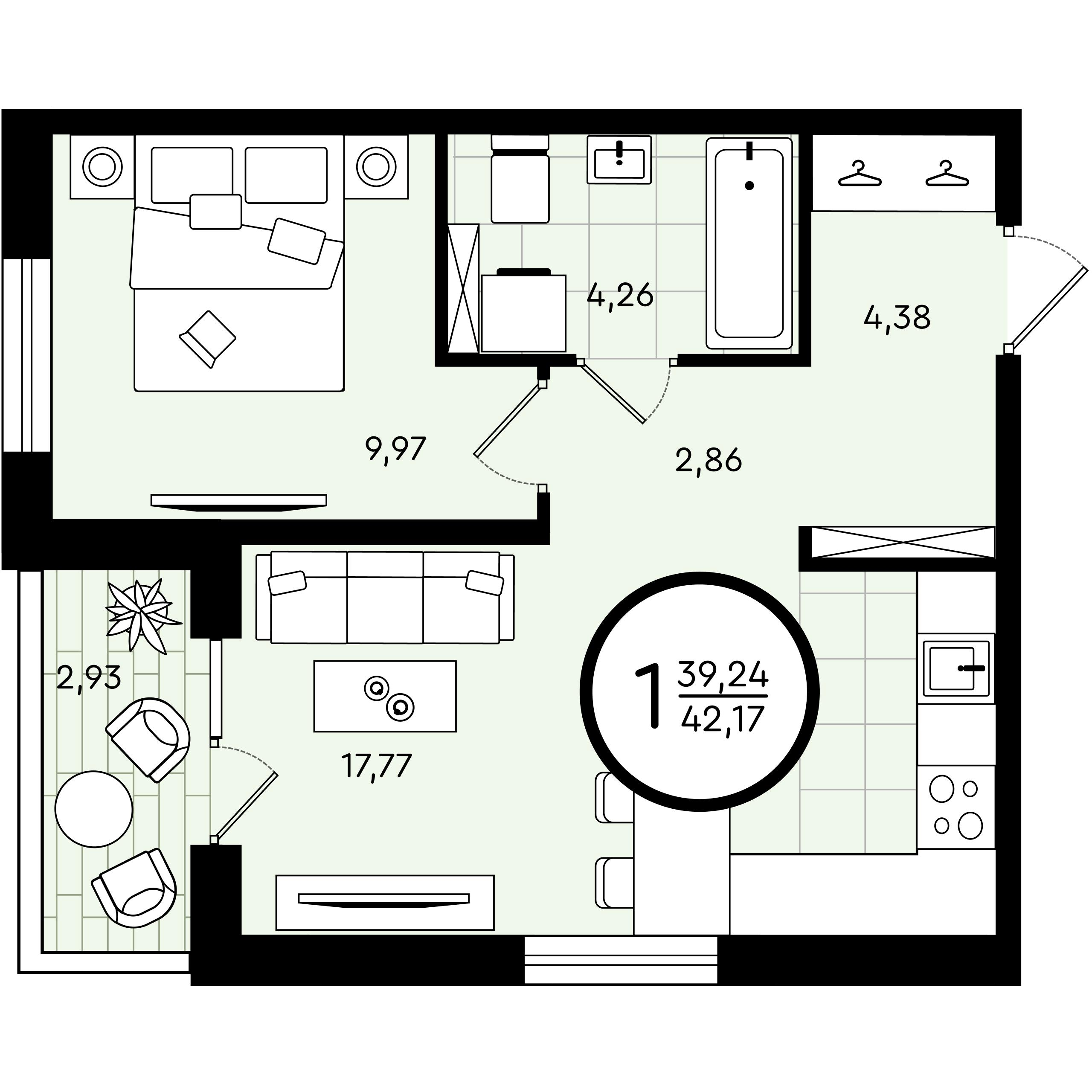 1-комнатная 42 м2 в ЖК Зеленые Аллеи корпус null этаж 4