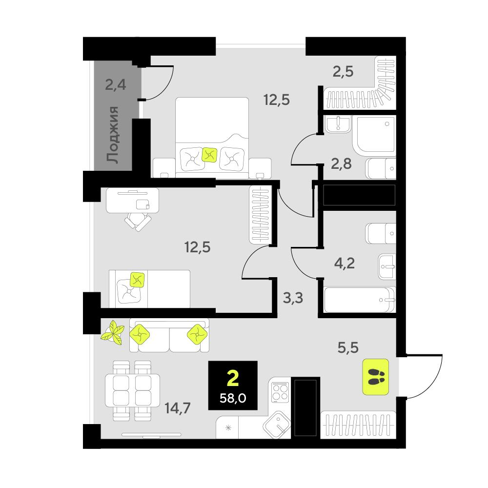 2-комнатная 58 м2 в ЖК Мотивы корпус null этаж 6