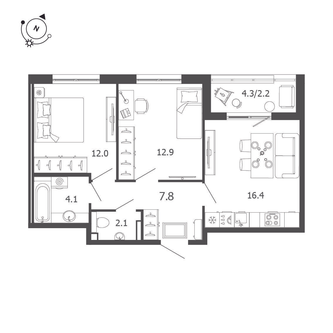2-комнатная 57 м2 в ЖК Пулковский дом корпус null этаж 4