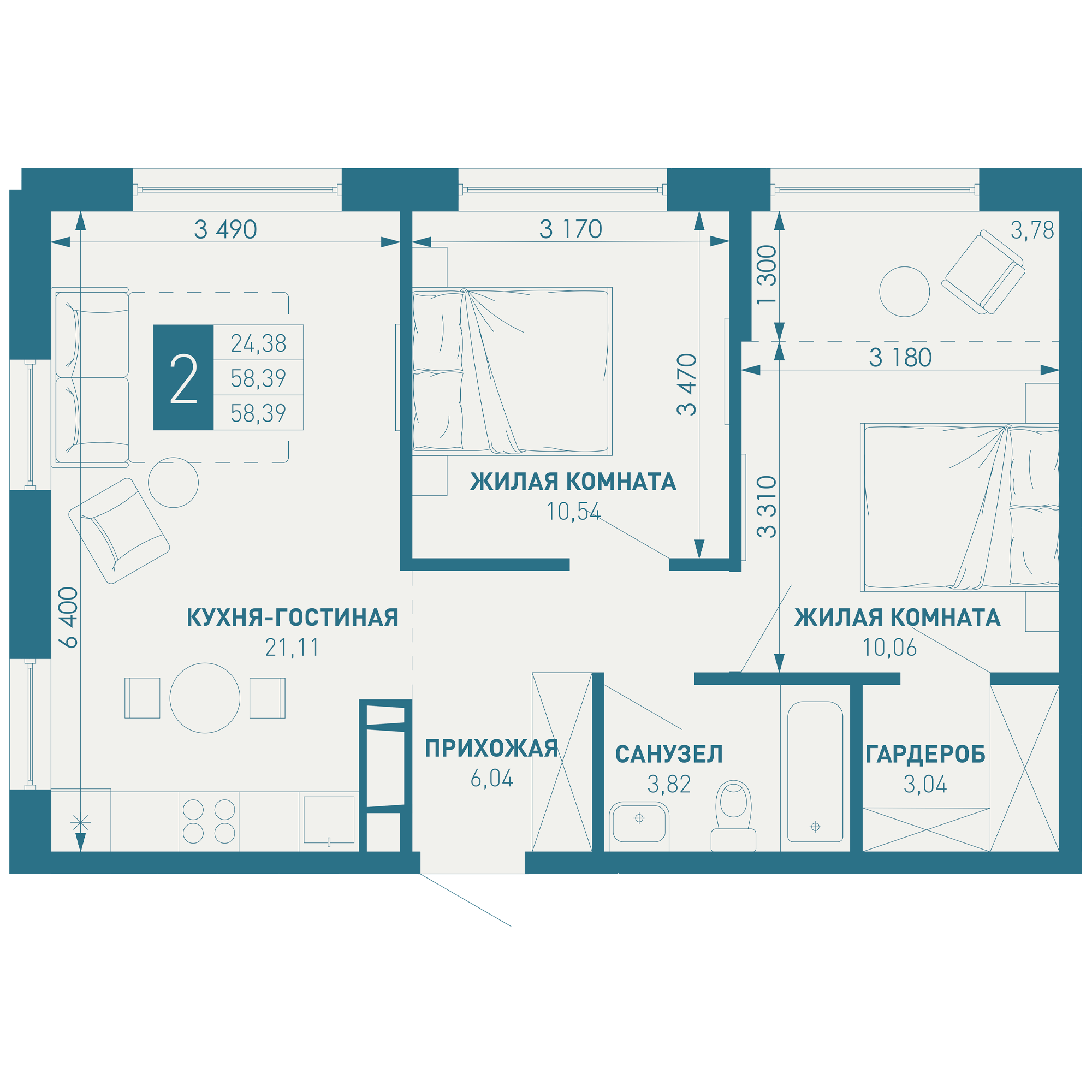 2-комнатная 58 м2 в ЖК ИНАЧЕ в Молодежном корпус null этаж 9