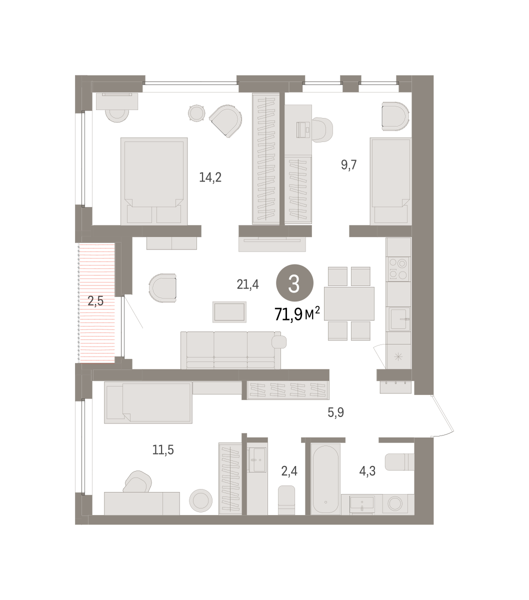 3-комнатная 71 м2 в ЖК Зарека корпус null этаж 14