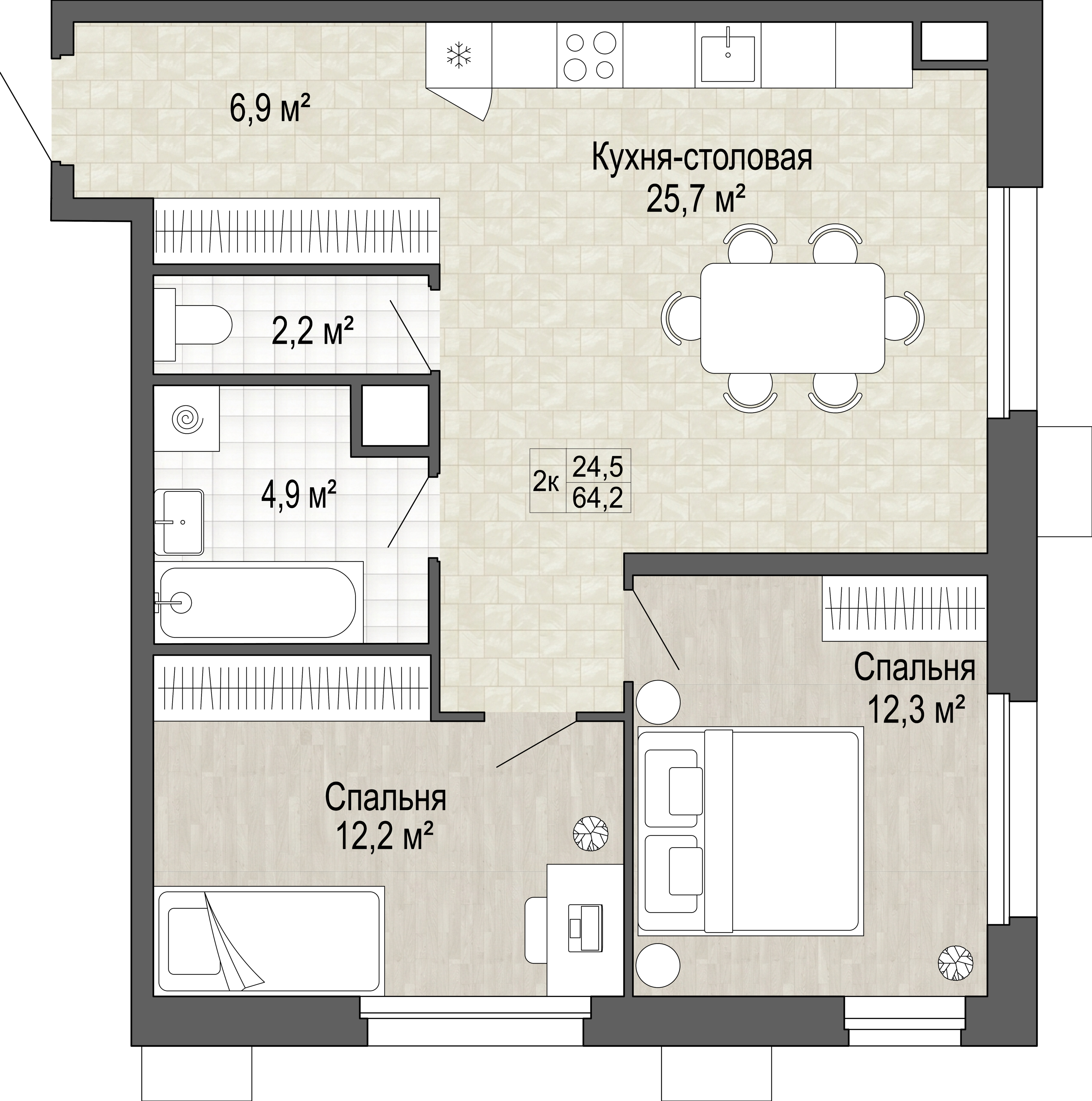 2-комнатная 64 м2 в ЖК Green 2 корпус null этаж 15