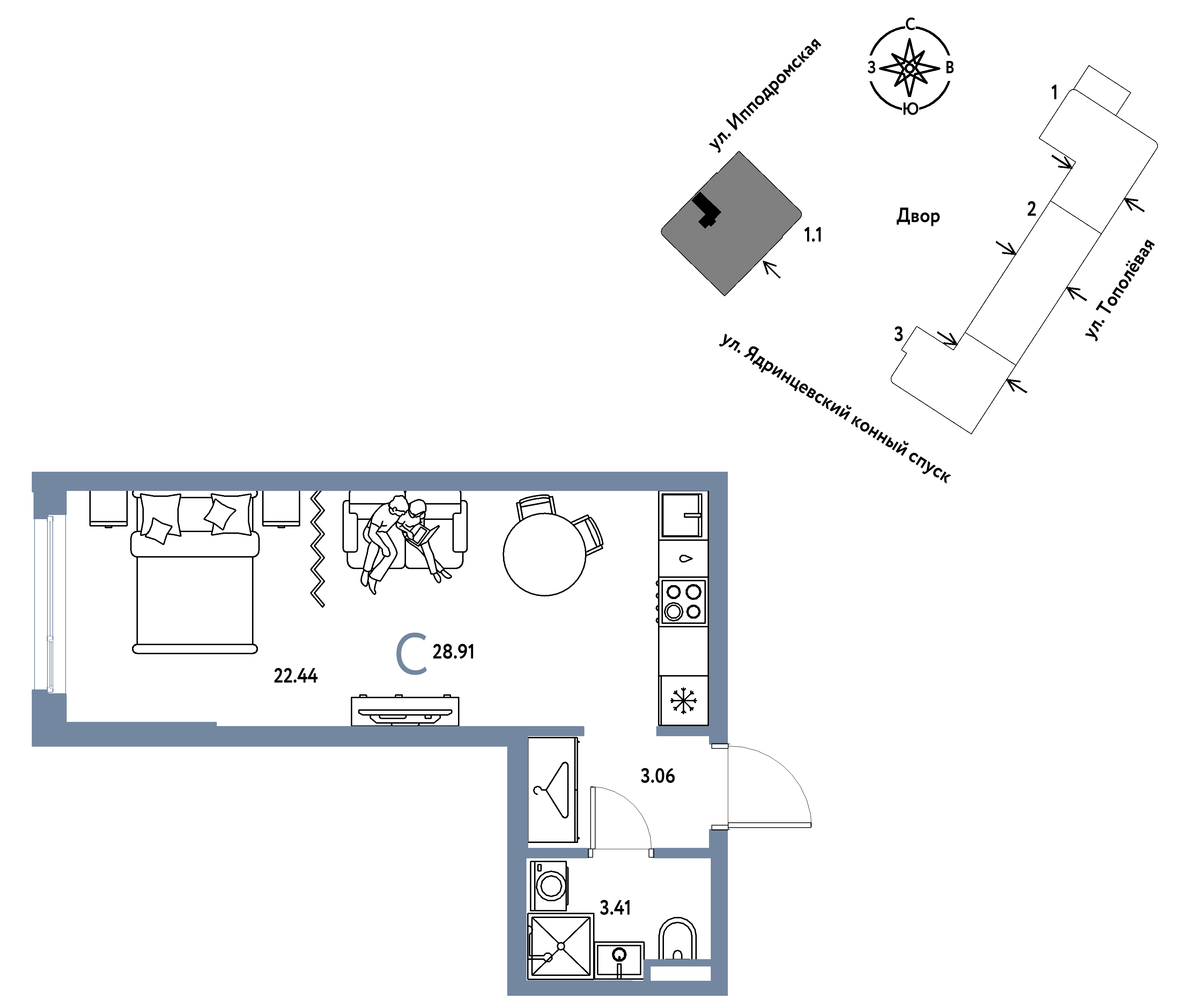 1-комнатная 28 м2 в ЖК Страна.Тополёвая корпус null этаж 13