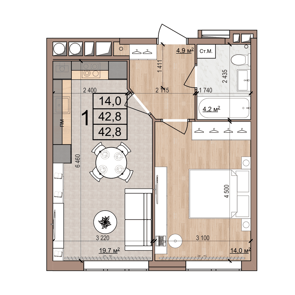 1-комнатная 42 м2 в ЖК Skyline-2 корпус null этаж 2