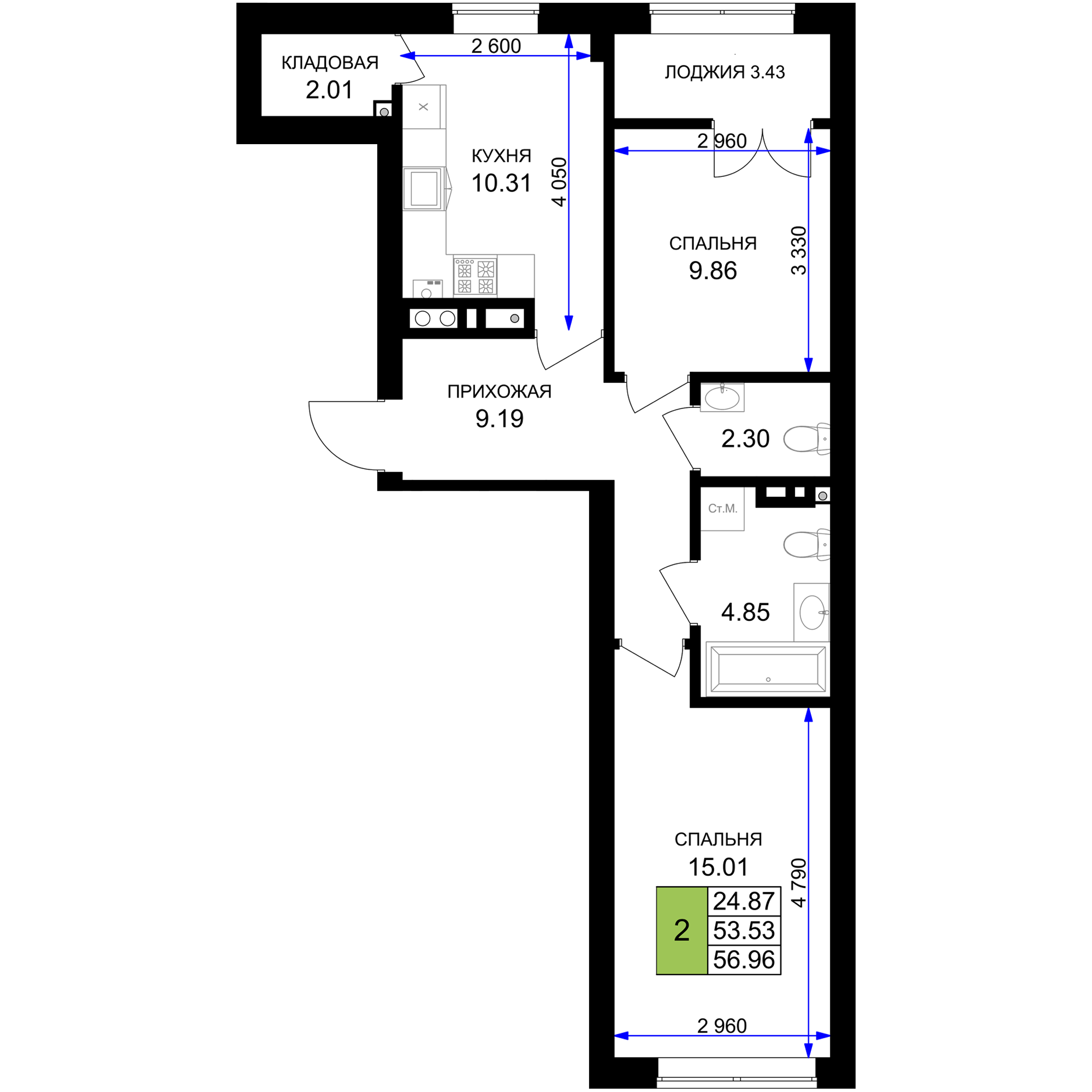 2-комнатная 56 м2 в ЖК Включи корпус null этаж 6
