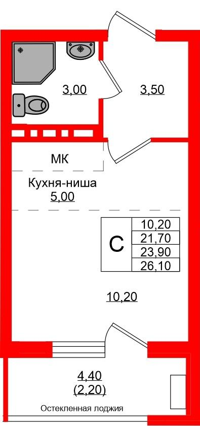 Студия 23 м2 в ЖК Кроны и Волны корпус null этаж 3