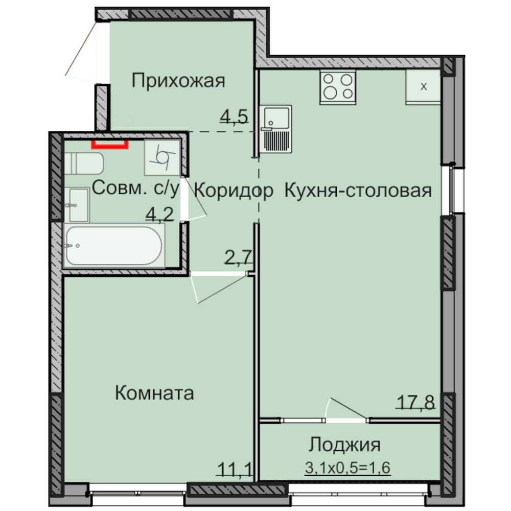 1-комнатная 41 м2 в ЖК Нео корпус null этаж 10