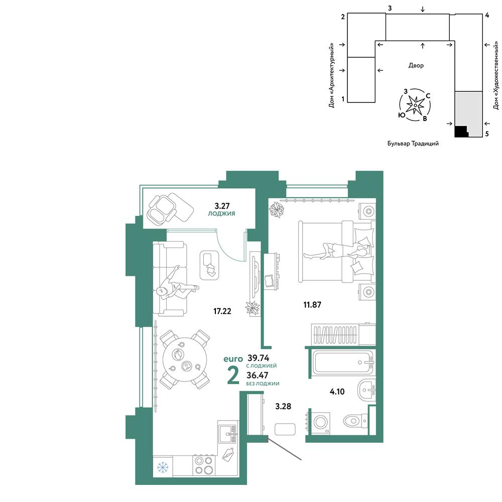 2-комнатная 39 м2 в ЖК Микрорайон Домашний корпус null этаж 2