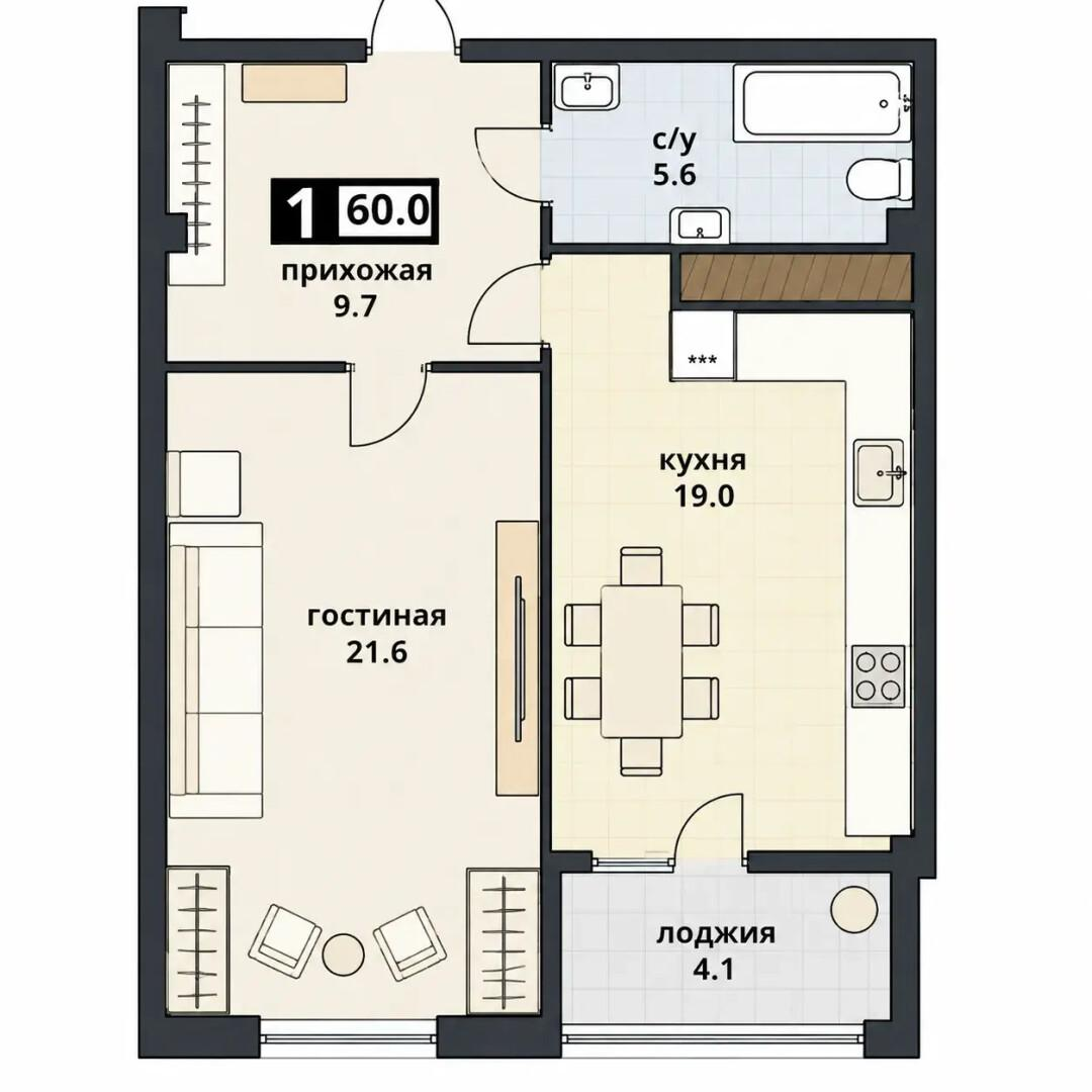 1-комнатная 60 м2 в ЖК undefined корпус null этаж 15