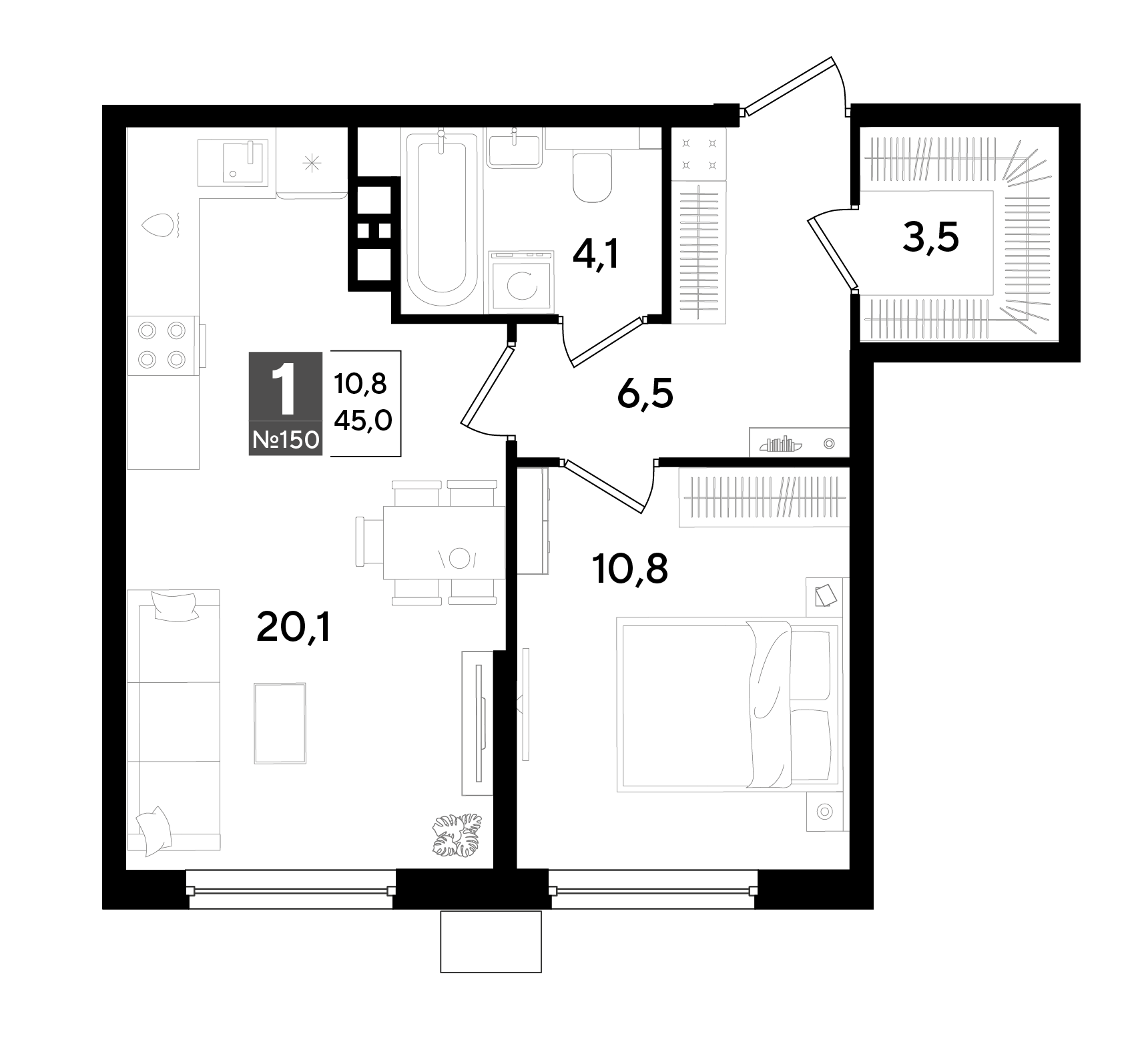 1-комнатная 45 м2 в ЖК Догма Парк корпус null этаж 5
