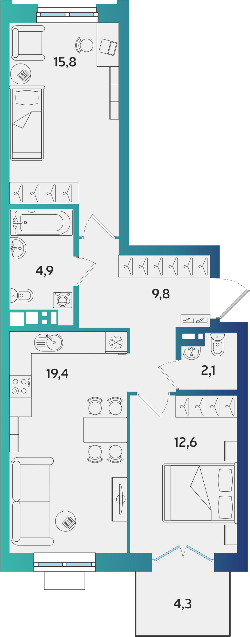 2-комнатная 65 м2 в ЖК Экополис корпус null этаж 7