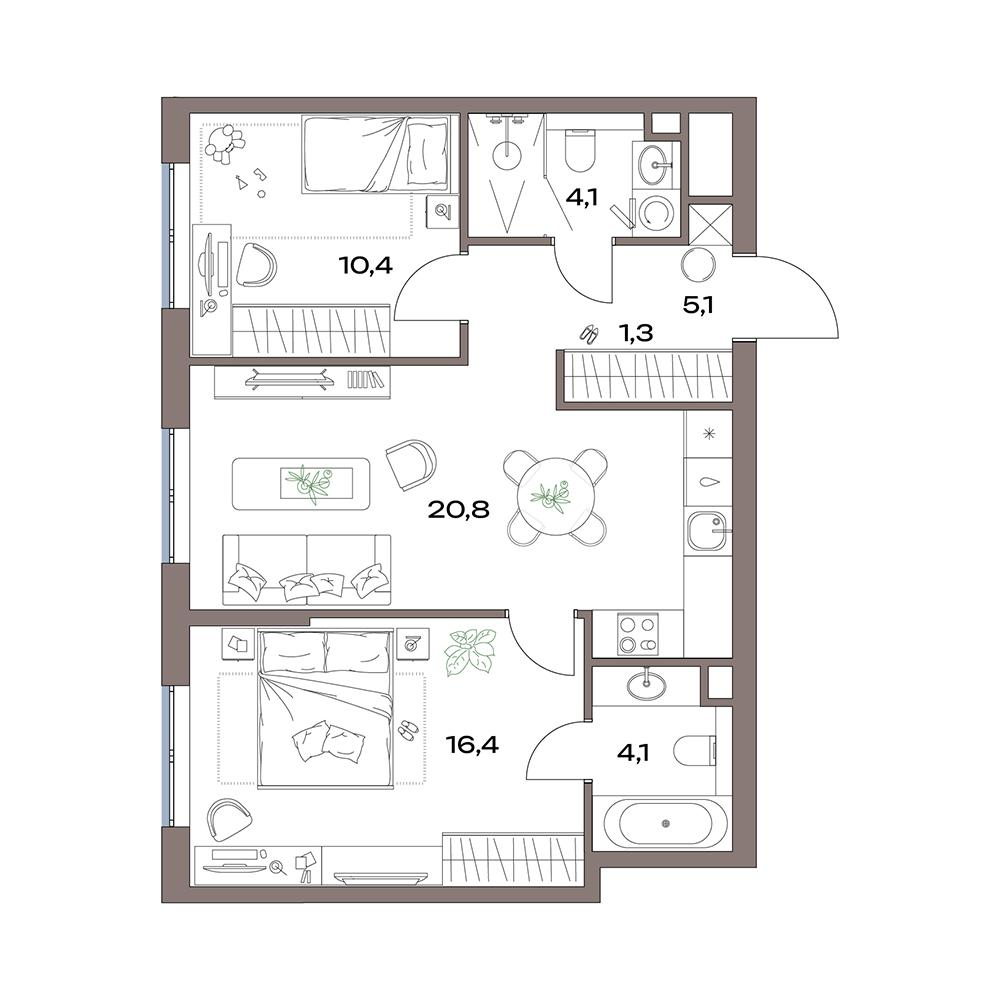 3-комнатная 62 м2 в ЖК Акценты корпус null этаж 4