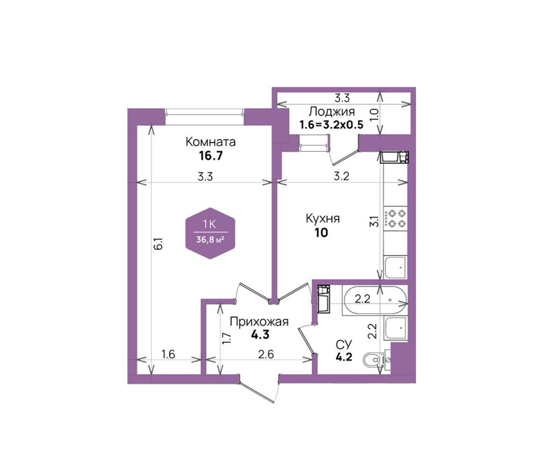 1-комнатная 36 м2 в ЖК undefined корпус null этаж 6