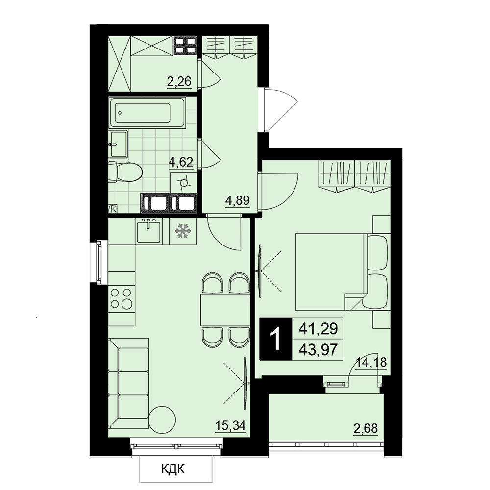 1-комнатная 42 м2 в ЖК Макрорайон Амград корпус null этаж 6