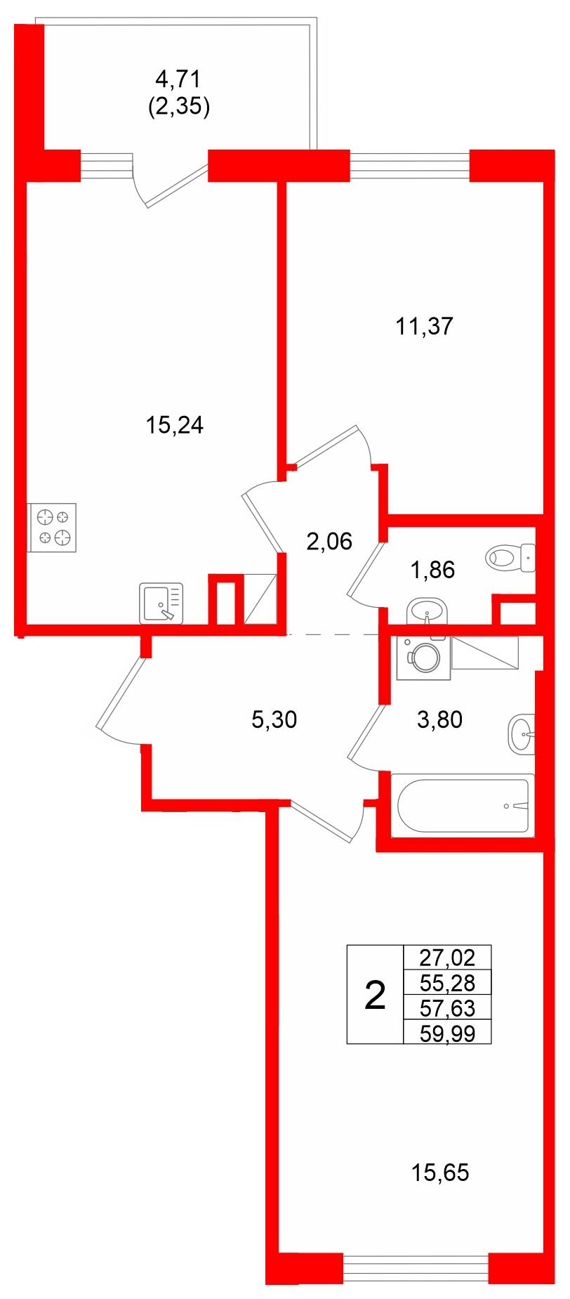 2-комнатная 57 м2 в ЖК IQ Гатчина корпус null этаж 5