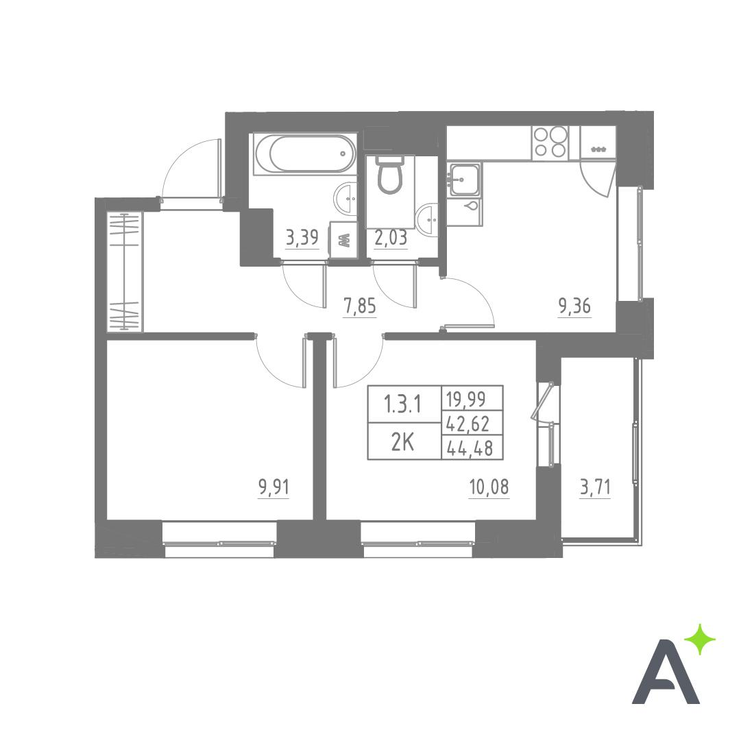 2-комнатная 44 м2 в ЖК Аквилон Солар корпус null этаж 3