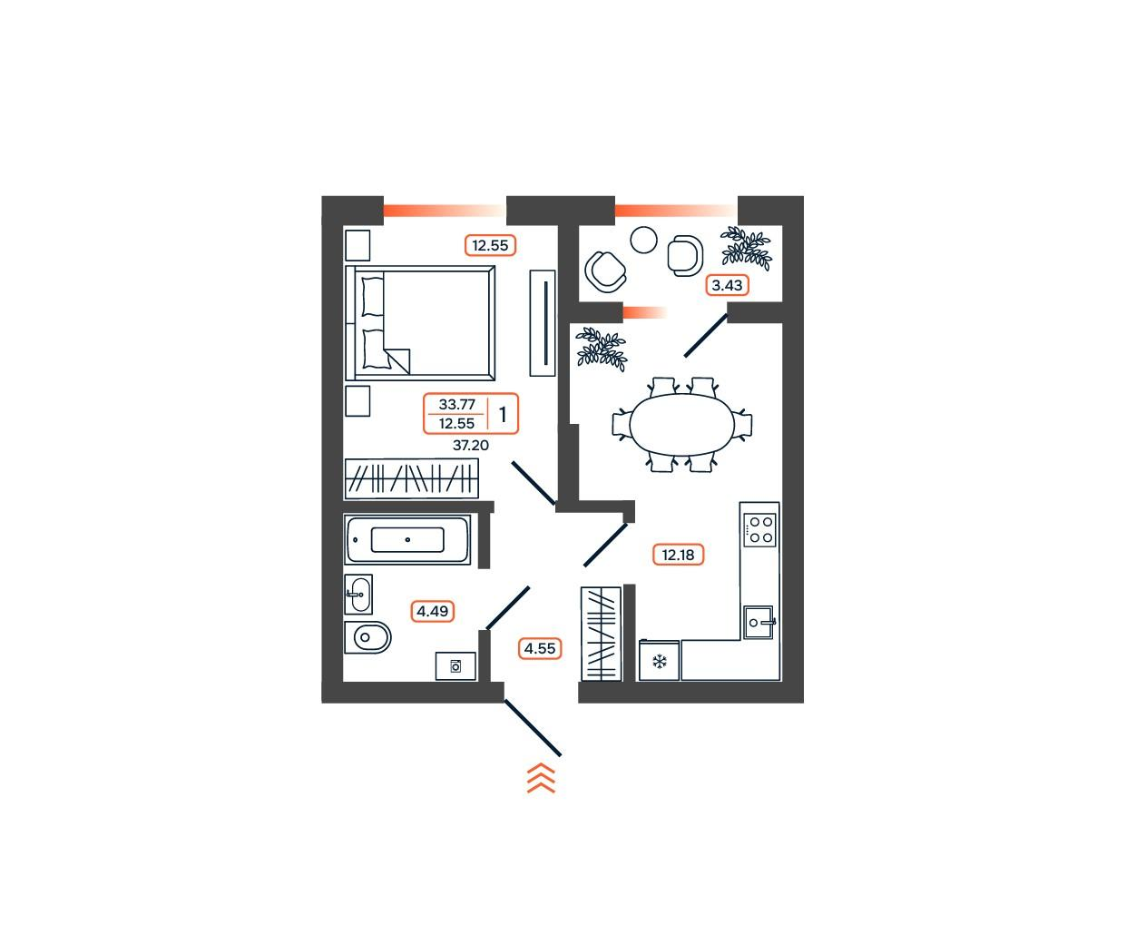 1-комнатная 37 м2 в ЖК Темп корпус null этаж 12