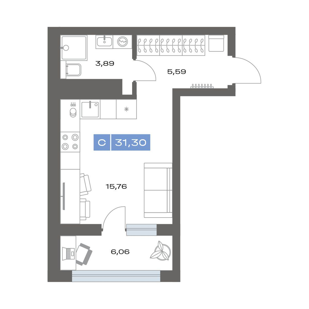 1-комнатная 31 м2 в ЖК Пятнашка корпус null этаж 14