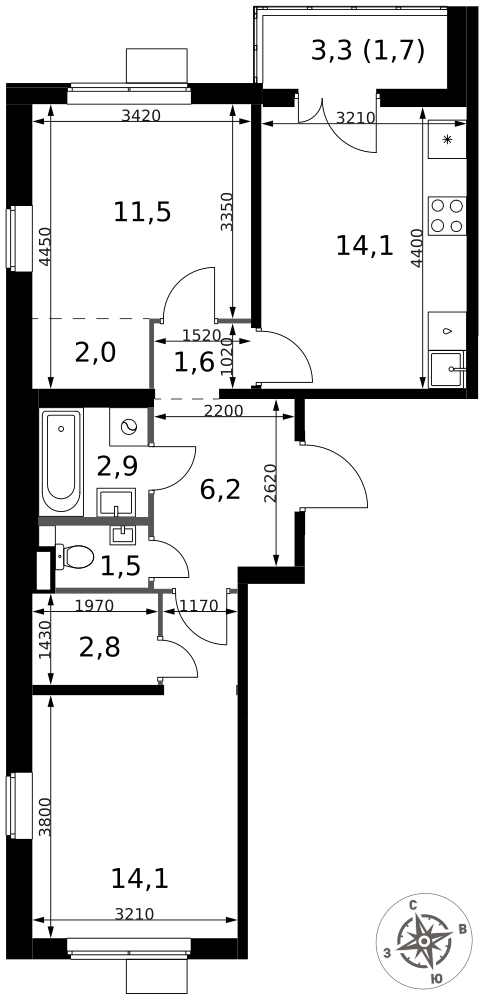 2-комнатная 58 м2 в ЖК 1-й Химкинский корпус null этаж 10