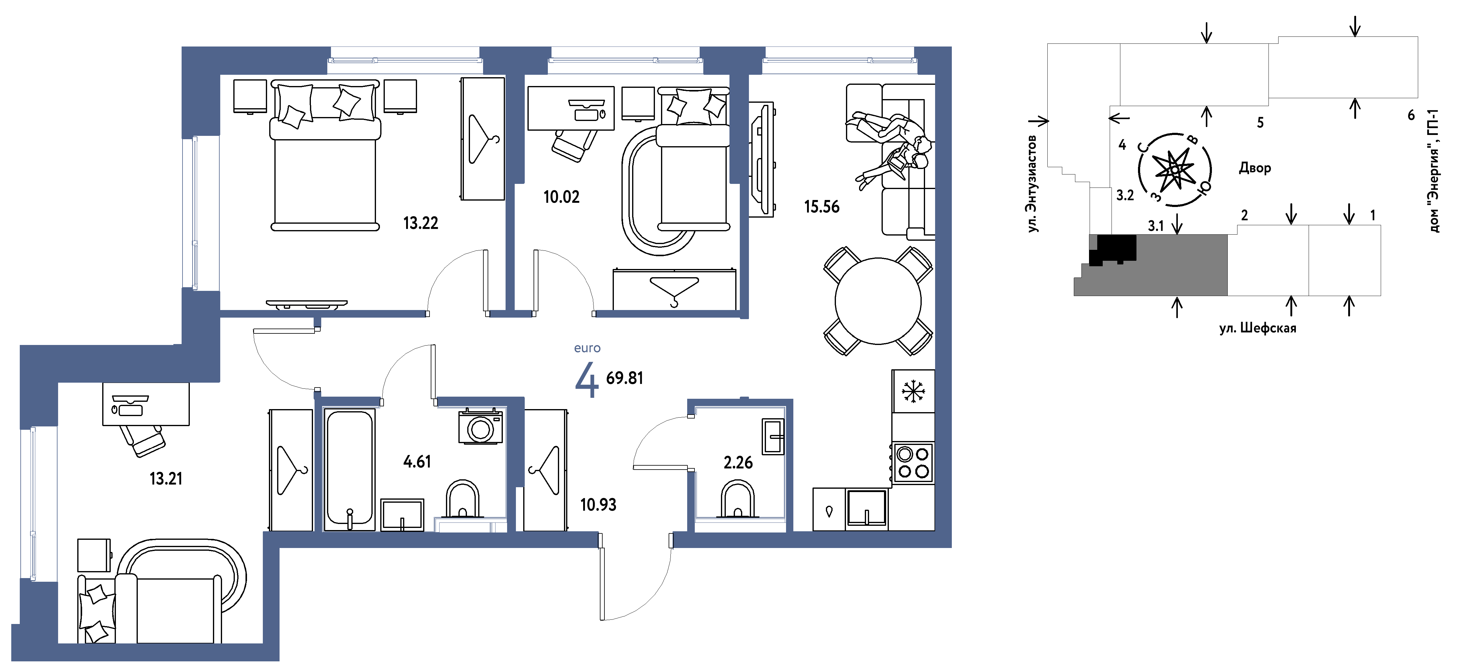 4-комнатная 69 м2 в ЖК Страна.Энтузиастов корпус null этаж 5
