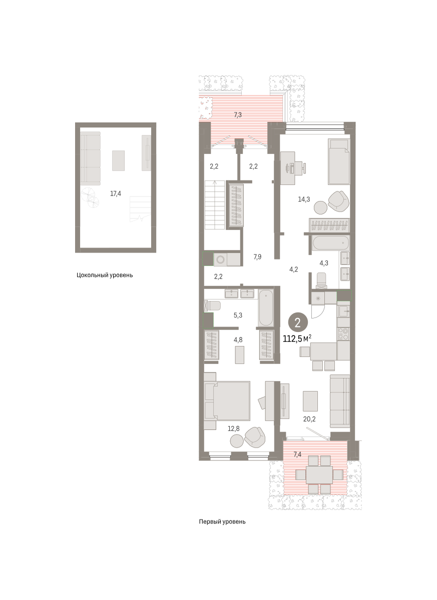 2-комнатная 109 м2 в ЖК Зарека корпус null этаж 1