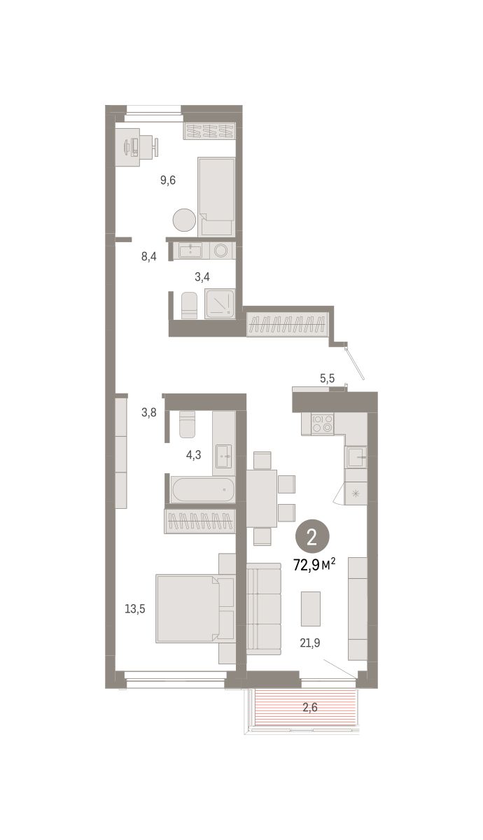 2-комнатная 72 м2 в ЖК Квартал Нефть корпус null этаж 3