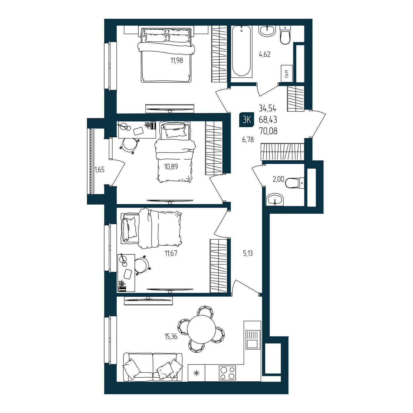 3-комнатная 68 м2 в ЖК Квартал Мятный корпус null этаж 22