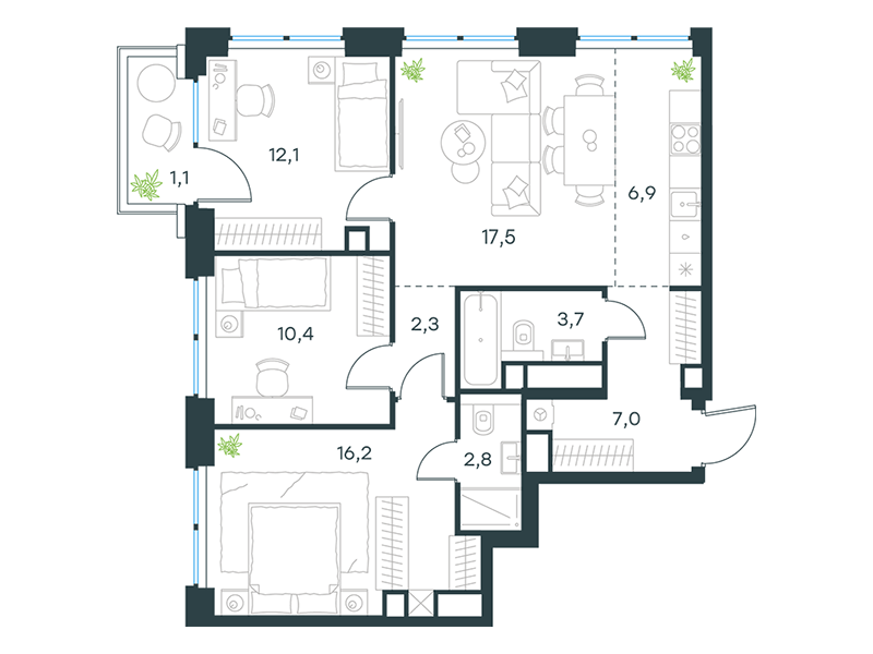 4-комнатная 80 м2 в ЖК Level Звенигородская корпус null этаж 25