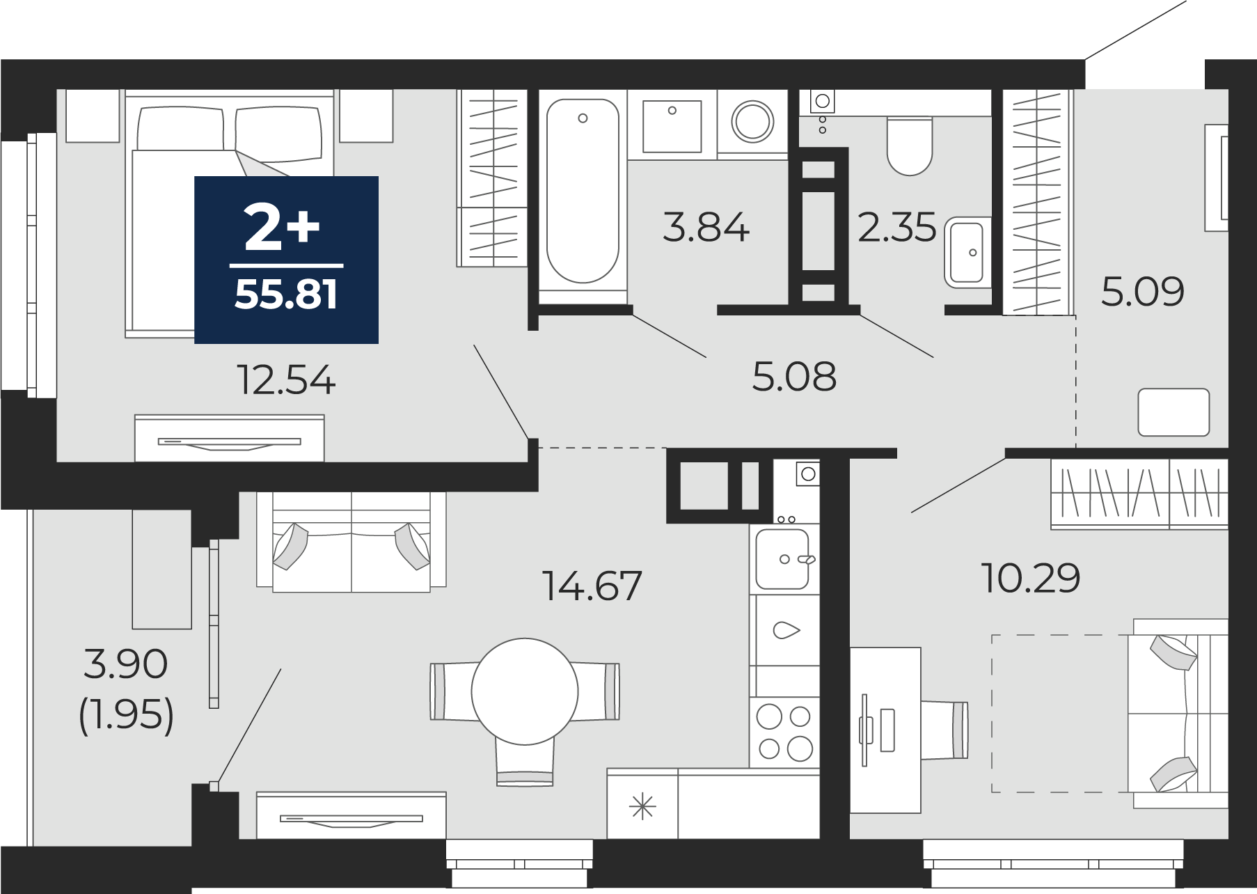 2-комнатная 53 м2 в ЖК Прео корпус null этаж 15