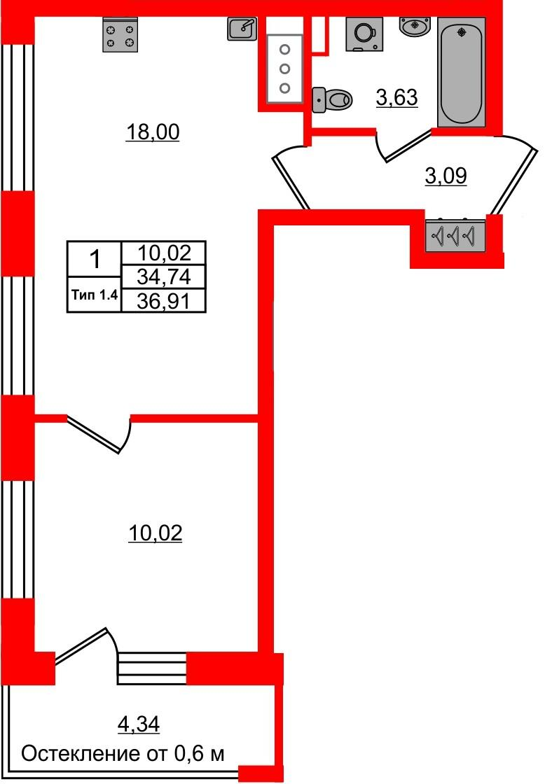 1-комнатная 34 м2 в ЖК Setl Ривьера корпус null этаж 5
