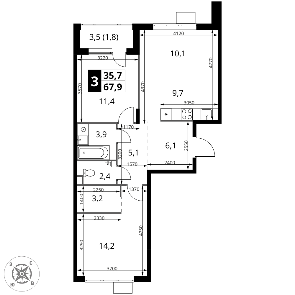 3-комнатная 67 м2 в ЖК 1-й Шереметьевский корпус null этаж 16