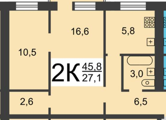 2-комнатная 45 м2 в ЖК undefined корпус null этаж 2