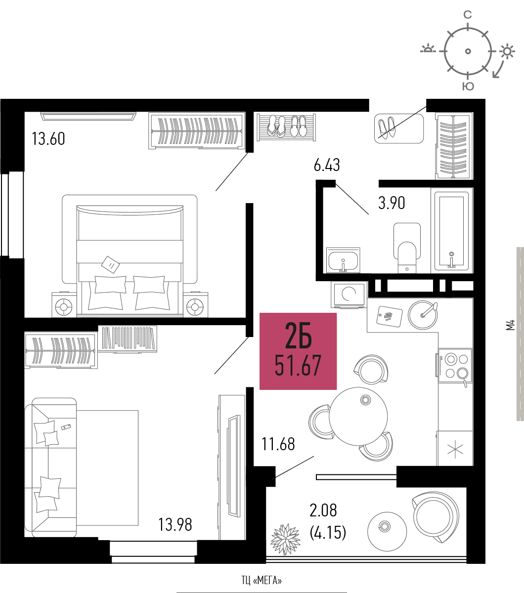 2-комнатная 51 м2 в ЖК Столицыно корпус null этаж 9