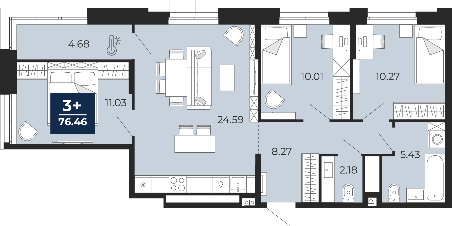 3-комнатная 76 м2 в ЖК Мириады корпус null этаж 2