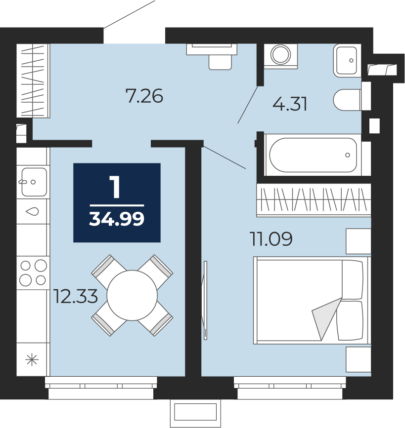1-комнатная 34 м2 в ЖК Беринг корпус null этаж 1
