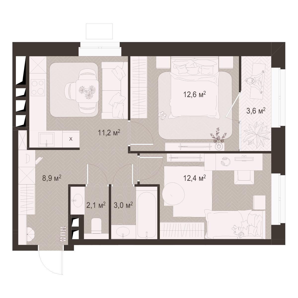 2-комнатная 53 м2 в ЖК Гранд Комфорт-3 корпус null этаж 13