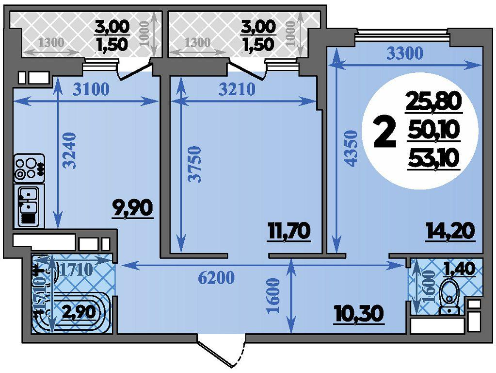 2-комнатная 53 м2 в ЖК Парк у дома корпус null этаж 12