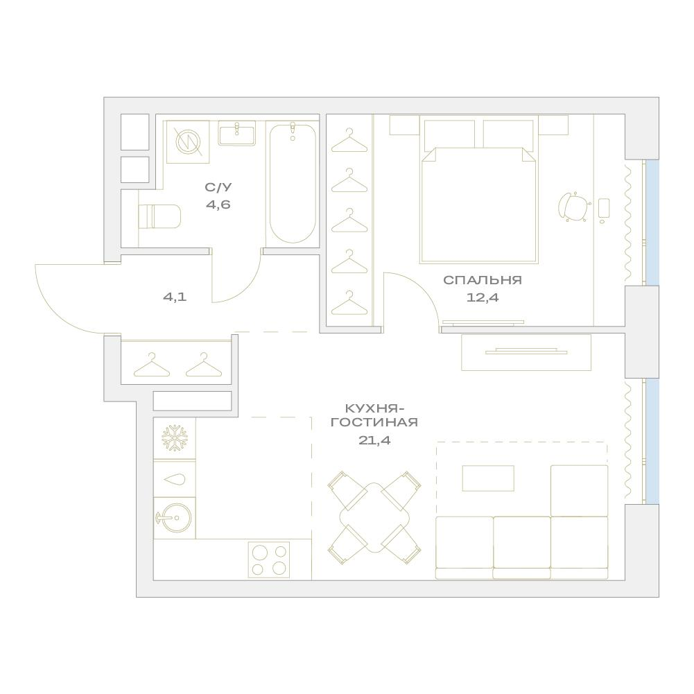 2-комнатная 42 м2 в ЖК Детали корпус null этаж 6