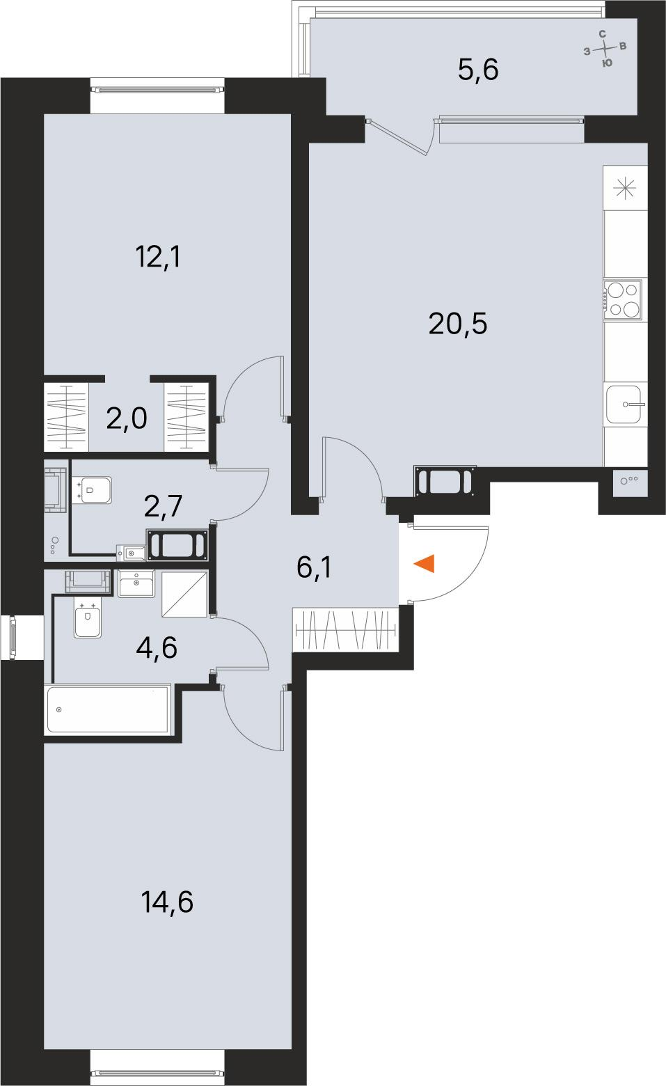 2-комнатная 65 м2 в ЖК М36 корпус null этаж 7