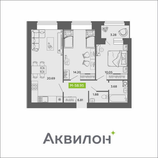 Студия 58 м2 в ЖК Аквилон ROSA корпус null этаж 8