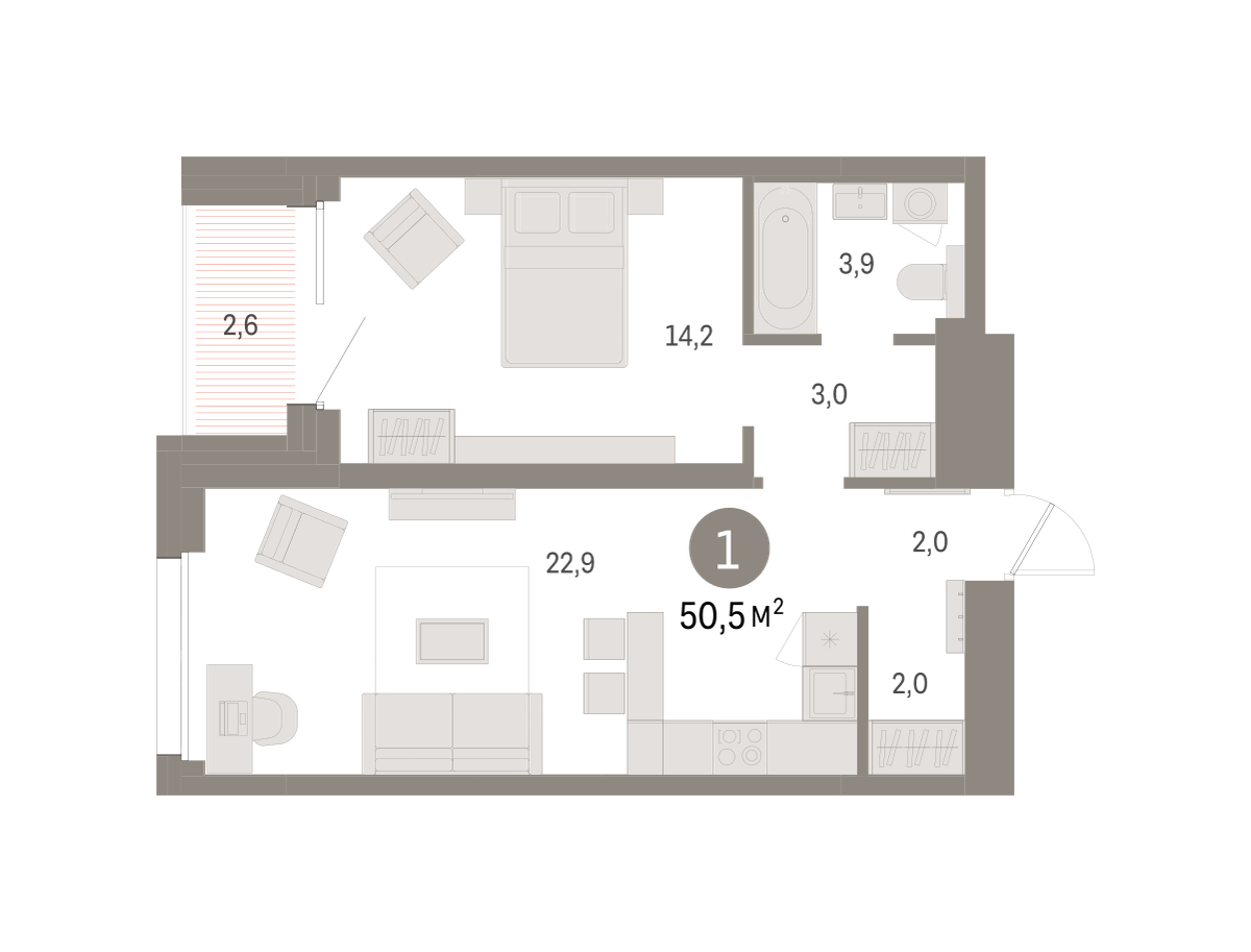 1-комнатная 50 м2 в ЖК Северный ветер корпус null этаж 6