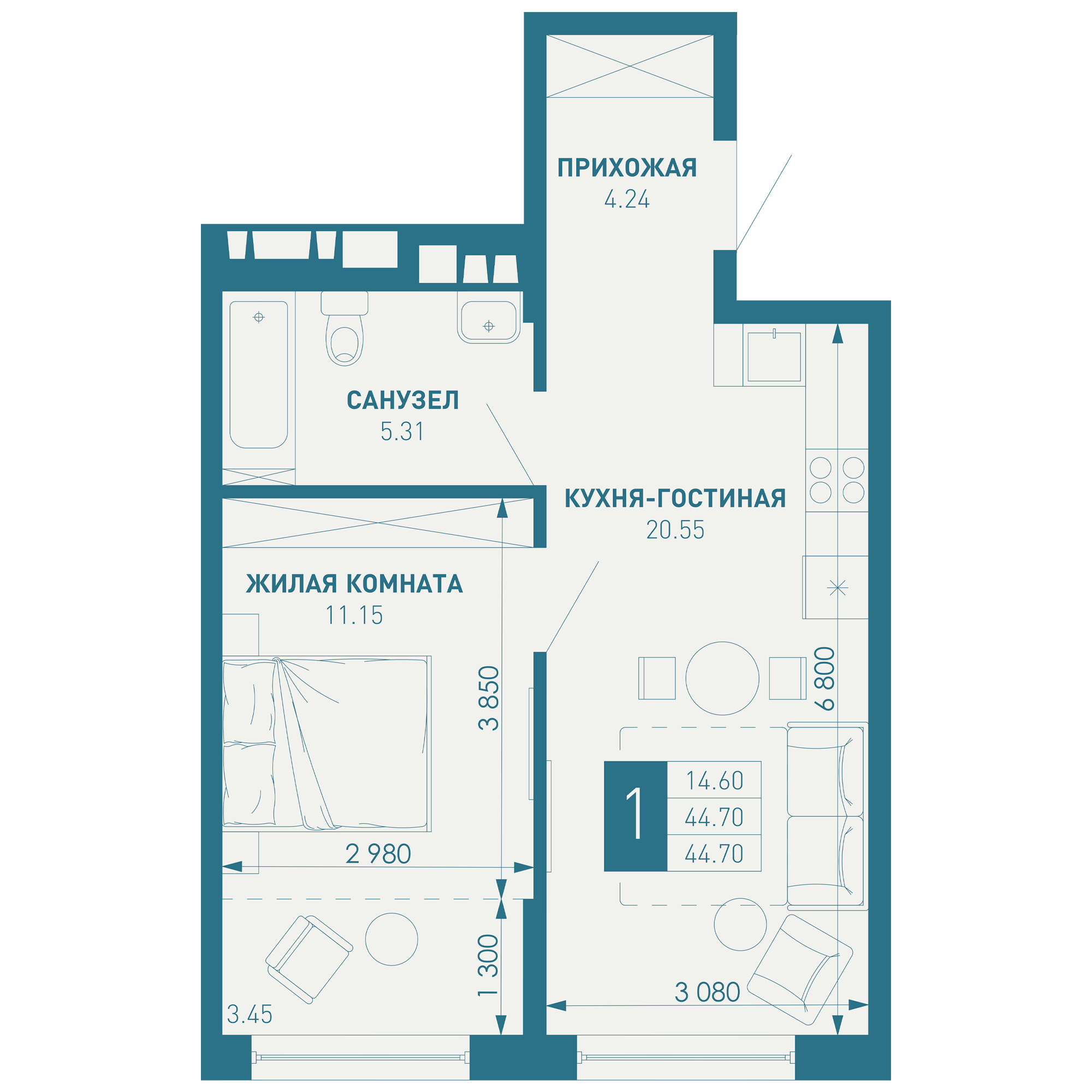 1-комнатная 46 м2 в ЖК ИНАЧЕ в Молодежном корпус null этаж 9