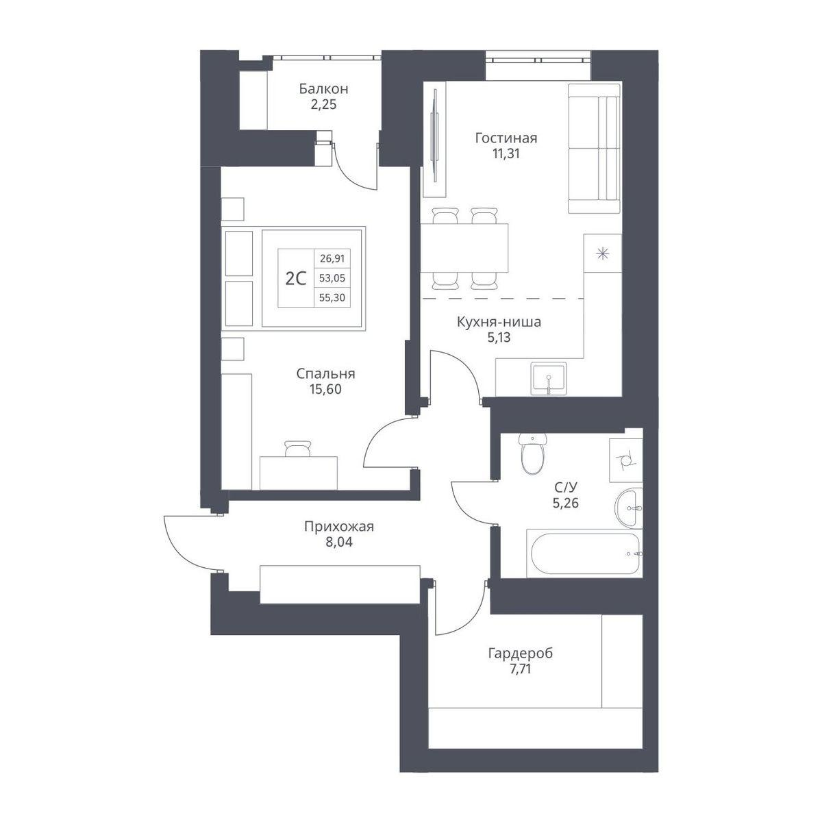 2-комнатная 55 м2 в ЖК АКТИВ корпус null этаж 12