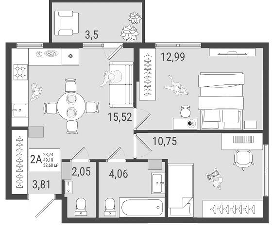 2-комнатная 50 м2 в ЖК Юго Западный корпус null этаж 7