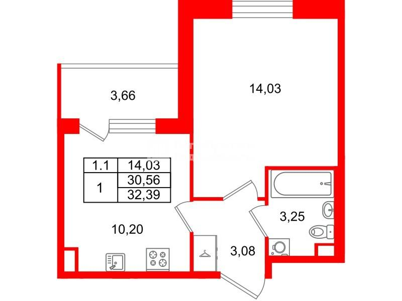 1-комнатная 30 м2 в ЖК Парадный ансамбль корпус null этаж 2