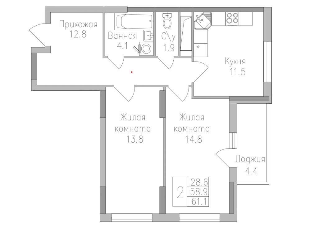 2-комнатная 62 м2 в ЖК undefined корпус null этаж 14