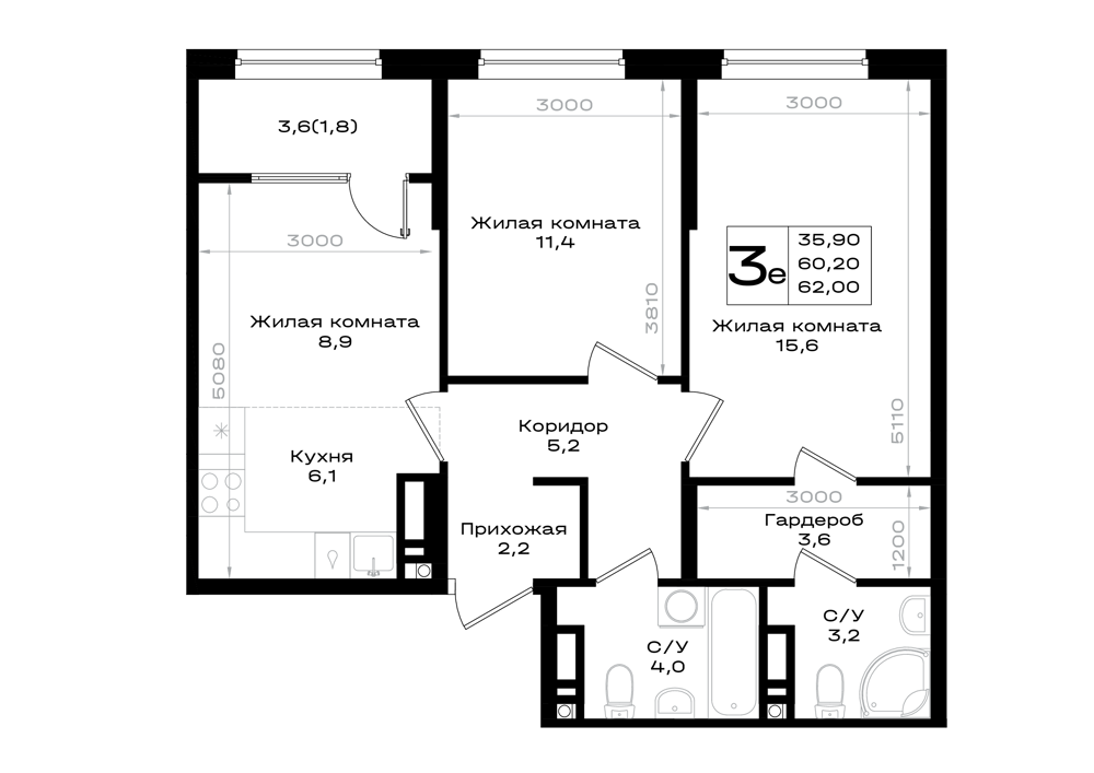 3-комнатная 62 м2 в ЖК Придонье корпус null этаж 7