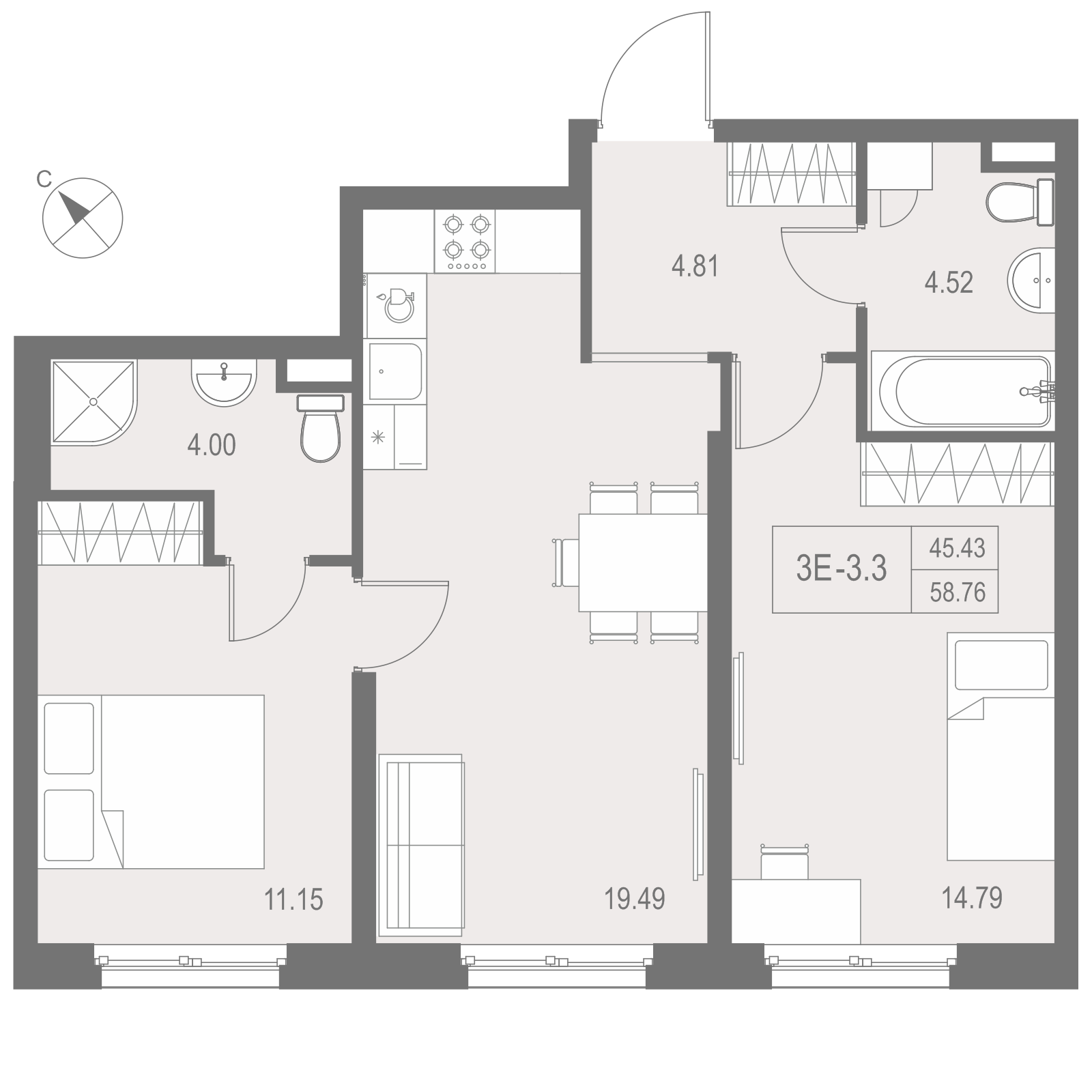 2-комнатная 58 м2 в ЖК Зум на Неве корпус null этаж 11